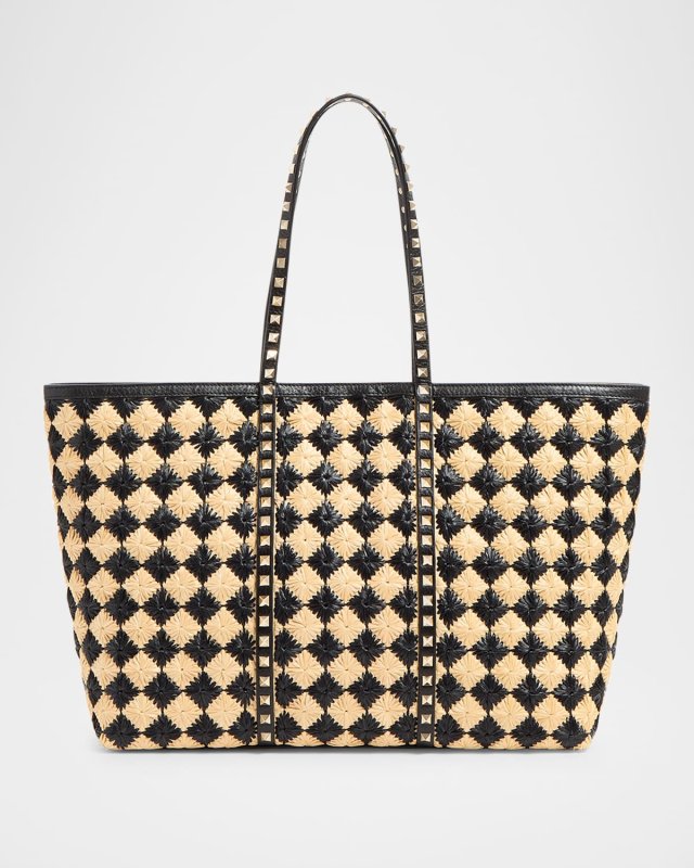 Rockstud Embroidered Raffia Shopping Tote Bag